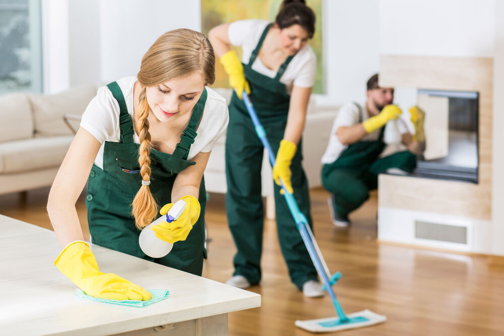 Group of friends as a professional cleaners tiding up big apartment
